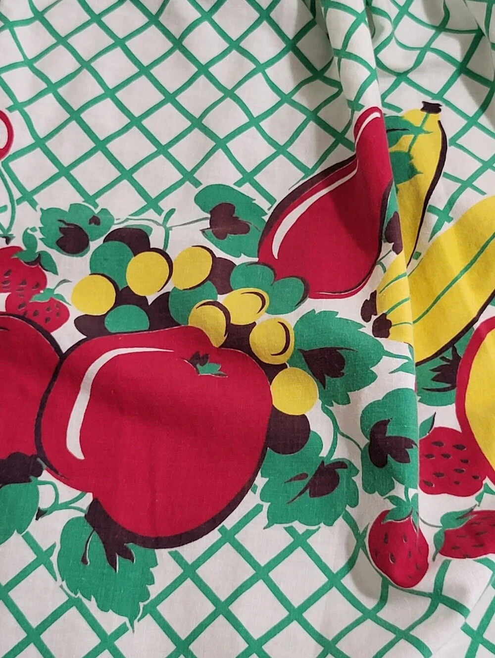 Vintage Handmade Half Apron Fruit Band Green White Grid MCM Kitsch Cottagecore